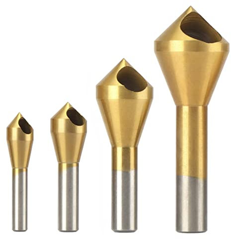 Hotiko 4pcs Countersink Chamfer Hole Drill Bit for Metal Wood Aluminum Iron Plastic Plate-90 Degree Titanium HSS 4241