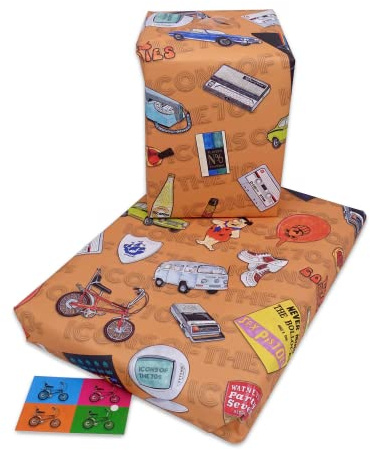 Geschenkpapier im Stil der 70er Jahre, Retro-Nostalgie, Vintage-Geschenkpapier, 50. Geburtstag, Geschenk für Männer und Frauen, 2 Bögen (Symbole der 70er Jahre)