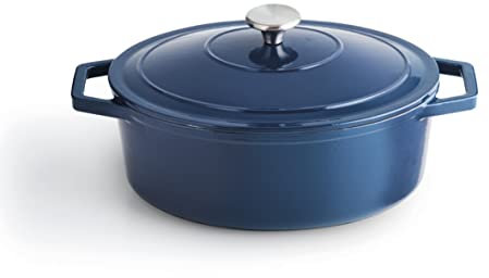 Qulinart by Brandt - Olla de hierro fundido de acero individual con tapa de hierro fundido con botón de acero inoxidable, apta para inducción, apta para horno, color azul (ovalado)