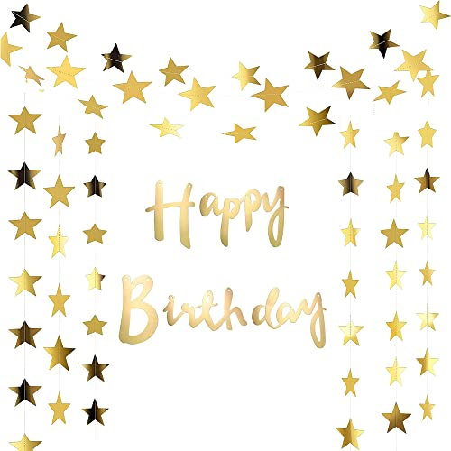 VENGABY 5 Meter Happy Birthday Banner Gold Metallic und 65 Fuß Stern Deko, Glitter Happy Birthday Girlande zum Aufhängen, Geburtstagsdekoration für Erwachsene und Kinder - Mädchen und Jungen