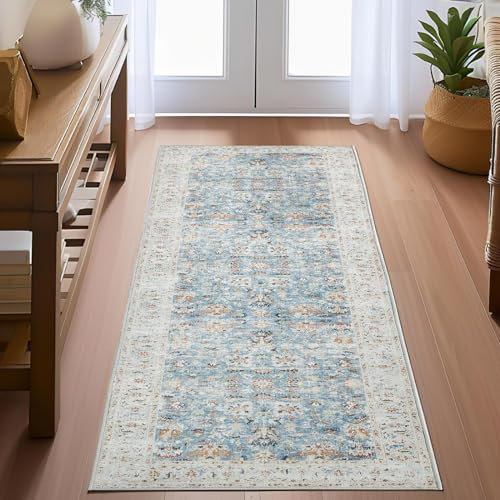 TOPICK Läufer 60x210cm Blau Teppich Waschbar Superdünne Vintage Blumen Perserteppich Kurzflor für Küche Schlafzimmer Wohnzimmer Floral Teppichläufer Antirutschunterlage Faltbar