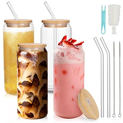 UHAPEER 4 Pack Can Shaped Glasses with Bamboo Lids and Glass Straw, 22oz/660ml Drinking Glasses with lids and Straw, Iced Coffee Glass Cups, Beer Glasses for Cocktail, Whisky, Beer, Coke, Soda, Water