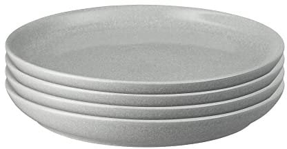 Denby - Elements Medium Light Grey Coupe Plates Set of 4 - Dishwasher Microwave Safe Crockery 21cm - Pale Grey, White Ceramic Stoneware Tableware - Chip & Crack Resistant Lunch Plates