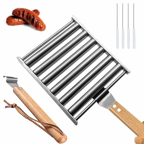 Znorso Hot Dog Roller aus Edelstahl mit extra langem Holzgriff, BBQ Hot Dog Griller für gleichmäßig gekochte Hot Dogs, 5 Hot Dog Kapazität (18 x 17 x 1,5 cm)