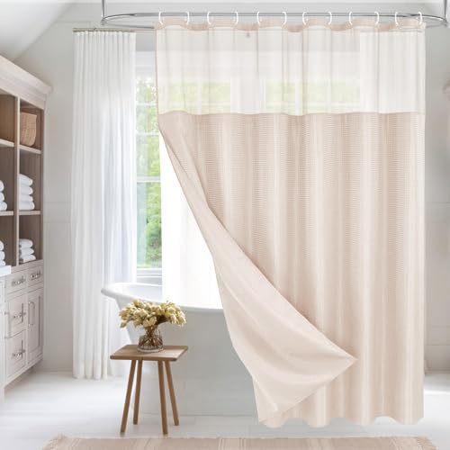 MitoVilla Rideau de douche gaufré rose avec doublure à clipser – Rideau de douche moderne en tissu gaufré pour hôtel de luxe et spa – 183 x 183 cm – Rose pâle