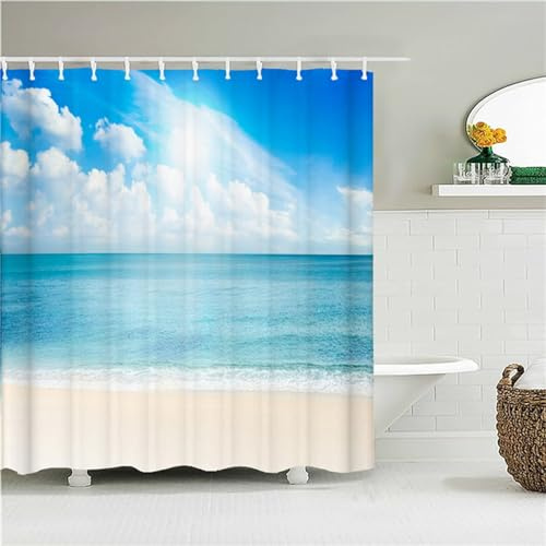 Guofuos Duschvorhang Anti-Schimmel 120x160cm Meer - Strand Duschvorhäng Waschbar Textil Bad Vorhang,3D Shower Curtains Polyester Antibakteriell Stoff,Badewanne Duschvorhang mit 12 Duschvorhängeringen