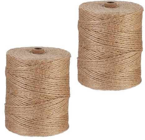 Relaxdays Cuerda de Yute de 3 mm, 2 Rollos de 300 m Cada uno, Biodegradable, Manualidades, Jardín, Embalaje, Natural