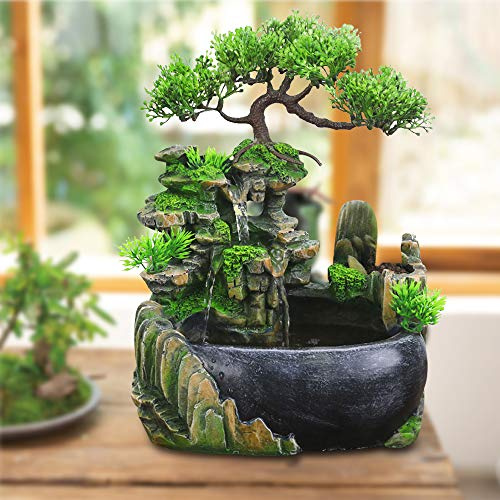HarBin-Star Fuente de habitación, salón de escritorio, bonsái, fuente de mesa, cascada, jardín, acuario, resina, fuente de escritorio, fuente de habitación con plantas, 28 x 20 x 15 cm