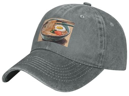 YYHWHJDE Schwarze köstliche süße Ramen-Drucke Erwachsene Klassische Denim-Mütze: bequem, leicht, Unisex, geeignet für Outdoor-Sportarten, grau, One size