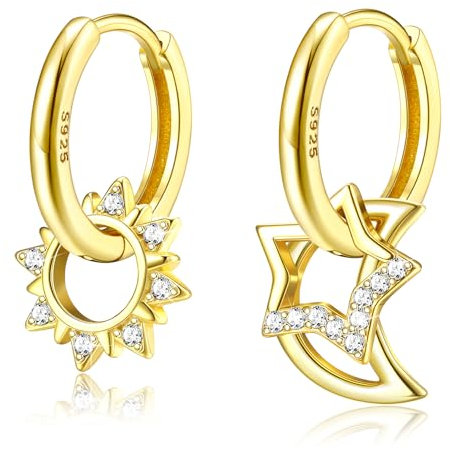 Adramata Silber 925 Ohrringe für Mädchen und Damen - CZ Mond Stern und Sonne Hängend, Hypoallergene Creolen Mit Anhänger, Geschenk für Empfindliche Ohren, Sun-G