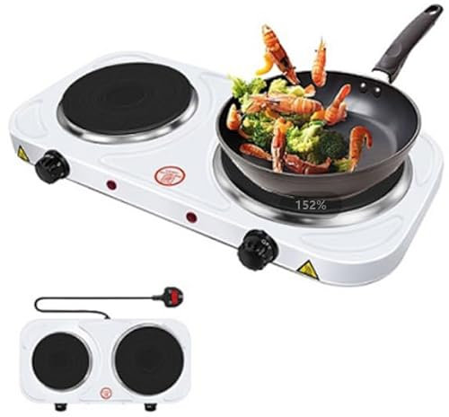 Electric Hot Plate 2 Ring Hobs with Cast Iron Heating Plates and Variable Heat Settings Control 1000W & 1500W Hobs, Overheat Protection Ideal for Cooking for Home/Travel/Camping and Caravans White