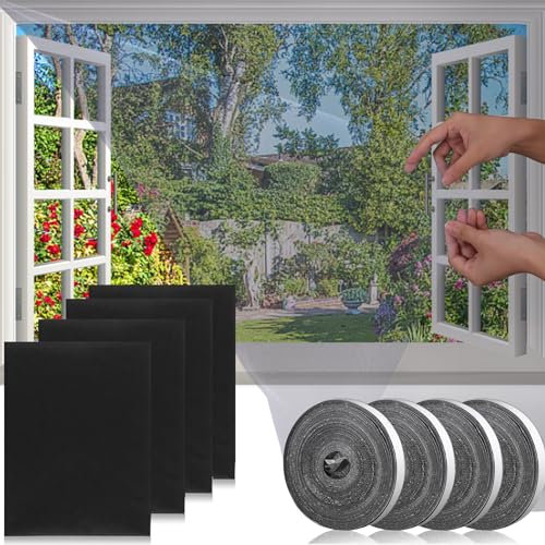 4 Stück Fliegengitternetze für Fenster, Zuschneidbar 130x150cm Selbstklebendes moskitonetz fenster, mit selbstklebendem doppelseitigem Klebeband und Cutter, hält Käfer/Fliegen-Schwarz