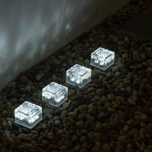 ANTEROOF Aktualisierte 4er-Set Glas Pflastersteine Außenleuchte Solarleuchten Solar Bodenleuchten Wegbeleuchtung mit 4 LED Außen Dekoration Lichter für Garten, Balkon und Terrasse,7x7x5cm,Weiß