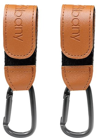 Shabany® Haken 2 Stück universelle Passform | Halterung Anhänger für Kinderwagen Kinderwagenhaken | verstellbar robust stabil Klettverschluss Karabinerhaken Taschenhalter | braun