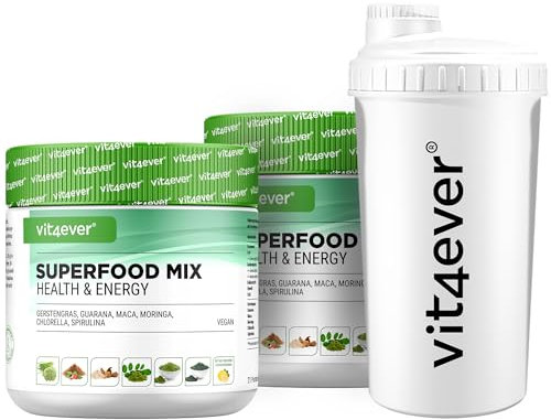 2x Kombination aus Superfoods + Premium Shaker - Mit Gerstengras, Guarana, Maca, Chlorella, Spirulina, Moringa - 100% natürlicher Power Smoothie - Mit Zitronen Aroma - Vegan (2x 420g)