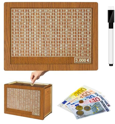 Spardose mit Zähler, Wiederverwendbare 3000 Euro Sparbox mit Zahlen Ankreuzen Spardose Holz, Sparbüchse für Erwachsene Mädchen Jungen Geburtstag Gefälligkeiten