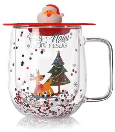Doppelwandige Gläser Weihnachten Kaffeegläser Latte Macchiato Gläser, 250ml Weihnachten Kaffeetassen Mit Silikon Deckel Und Pailletten, Glas Weihnachtstassen Teetasse Für Weihnachten Geschenk (Stil A)