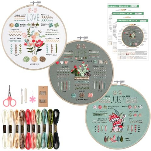 Getyjoe Stickerei Set, Blumenmuster Pflanzen Stickset für Anfänger Embroidery Kit, Sticken Set Erwachsene mit Bambus Stickrahmen, Werkzeuge und Beschreibung, Kreuzstich Set für DIY Kunst, Handwerk