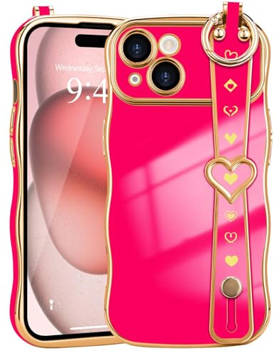 LLZ.COQUE for iPhone 15 Case Love-Heart Wrist Strap Wave Frame | Hand Strap Stand, Plating Heart for Women Cover, Raised Camera Protection, Anti-fall Shockproof TPU Phone Case, Rose Red