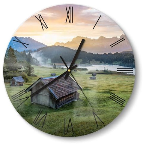 DEQORI Glasuhr | rund Ø 30 cm | Motiv Morgen am Geroldsee | ausgefallene leise Design Uhr aus Glas | Wanduhr für Wohnzimmer & Küche | moderne Hingucker Uhr für die Wand