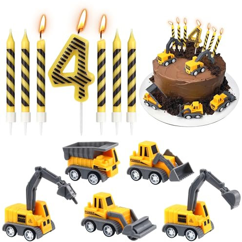 Construction Birthday Candles, 12 Pcs Construction Vehicles Cake Toppers Set with Number 4 Candle Topper and Black Stripes Candle Cake Topper for Birthday Anniversary Party Cake Decorations