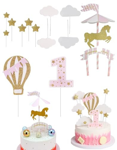 UYRVAPE 12pcs Rose Pailletée Déco Gâteau de Qualité 1 an Scintillante Enfant, Happy Birthday Decoration Gateau Or Rose Gold,Decoration Cake Topper Carrousel Étoiles Topper pour Fête de D'anniversaire