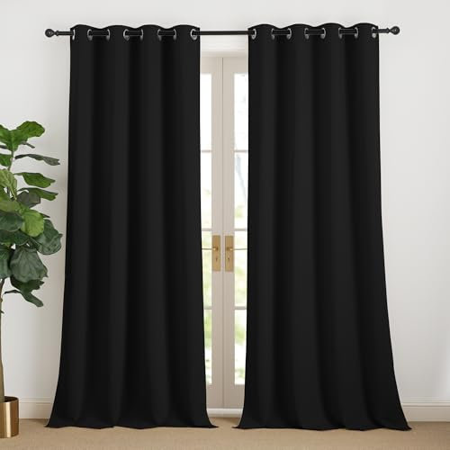 NICETOWN Thermovorhang Fenster Schwarze Vorhänge Blickdicht Gardinen 240 cm Lang Verdunkelungsvorhang Ösen Vorhang Wohnzimmer Übergardinen Modern Ösengardinen 2er Set, H240 x B140 cm
