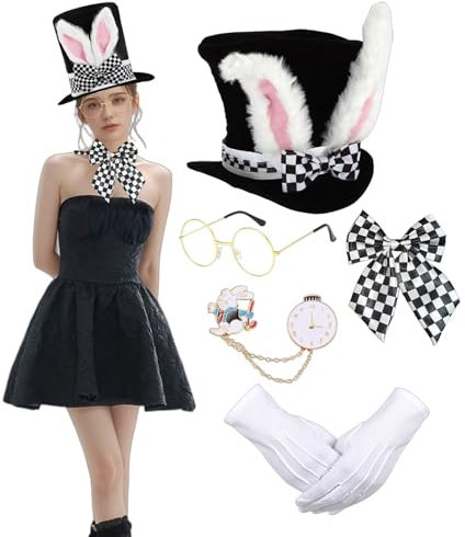 JMOCD 5 PCS White Rabbit Costume Set, Osterhase Hasen Set Hasenohr-Zylinder mit Hasenohren Ostern Hut Hasenohren Osterhase Party Mottoparty, Karneval