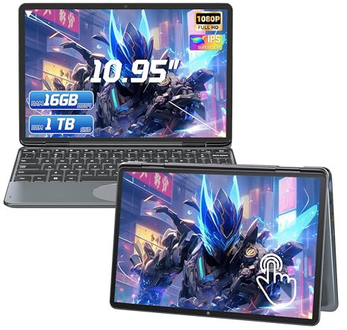 Amita 10.95’’ Gray 2-in-1 Touchscreen Laptop, FHD 1920x1200 IPS Display, 12th Gen N100 Processor, 16GB DDR4 RAM, 1TB M.2 SSD, 360° Flip Design, Portable Business Notebook for Students (Gray, 1TB)