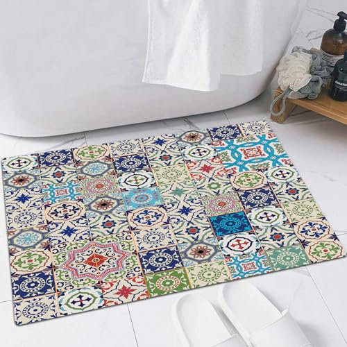 FSDGY Non-slip Barrier Mats Door Mat, Super Absorbent Entrance Rug Machine Washable Soft Floor Mat Carpet,Mosaic Theme Mosaic Ceramic View Moroccan Tile Tradi Actions,16x24in