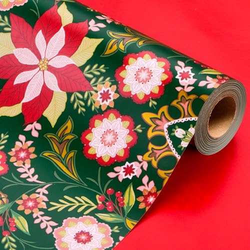 Wikadlik Wendbares Grünes Weihnachts-Geschenkpapierrolle - 43cm x 10m Rote Dahlie Geschenke Verpackungspapier für Feiertagsfeier