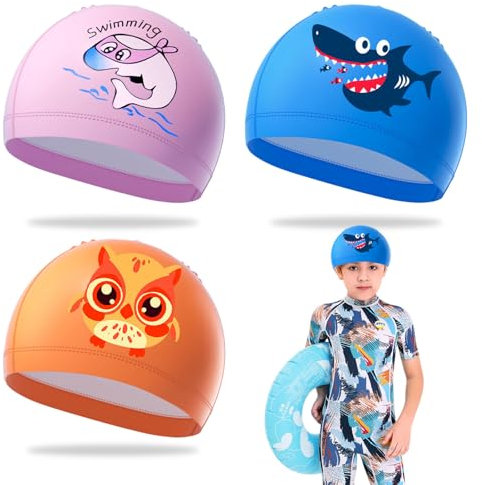 SAIIURV 3 Piezas Gorro de Natacion Niños, 4-10 Años Gorro Piscina Niña, Cómodos Gorro Piscina Impermeable, Natacion Gorro de Baño para Niños Niñas Gorros de Piscina (3PCS)