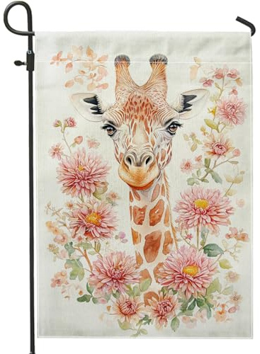 Sommerflagge, Giraffe, Gartenflagge, Pfirsich-Dahlie, dekorative Hofflagge, doppelseitige Jute, Outdoor-Rasendekoration für Haus und Garten, niedliche Tier-Themen-Dekoration, 30,5 x 45,7 cm