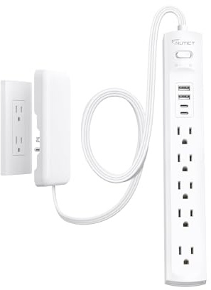 NUTICT Flat Plug Power Strip 6ft, Outlet Cover Extension Cord with 5 Outlets and 4 USB Ports, 1440J Surge Protector, 10A/1250W, White Flat Wall Plug Extension Cord Ideal for Home Office Furniture