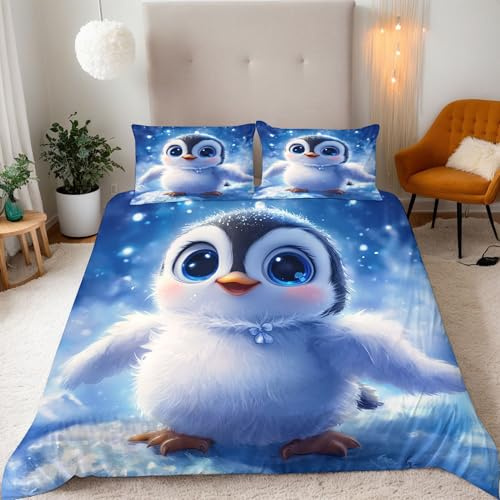 Generisch Pinguin Bettwäsche 135x200 Cartoon-Tiere Bettbezug Junge Mädchen 3D Effekt Teenager Bettwäsche-Set Mikrofaser Bettbezug Mit Reißverschluss Und 2 Kissenbezug 80x80 cm