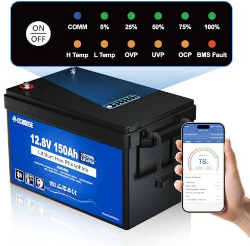 DC HOUSE 12V 150Ah LiFePO4 batteria, soc Light,Bluetooth batteria di protezione a bassa temperatura ciclo profondo,perfetto per camper,sistemi solari,roulotte,sistemi di accumulo di energia domestic