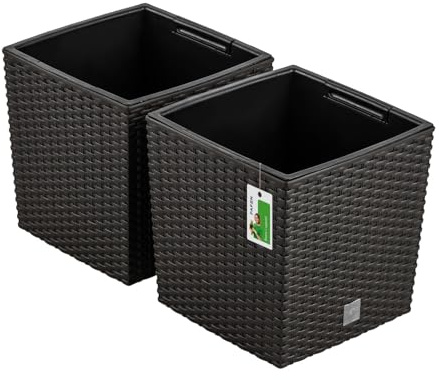2X Blumentopf Blumenkübel Rattan-Optik 15,8 Liter - 26,5 x 26,5cm - Pflanzkübel mit Einsatz, Übertopf für Garten, Balkon & Innenbereich, wetterfest, Kunststoff, Umbra