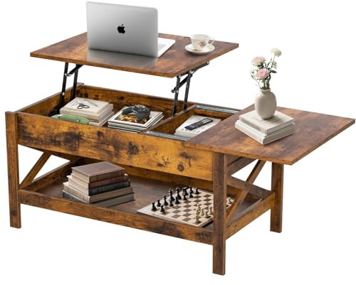 Vendricasa Lift Top Coffee Table with Storage, Coffee Tables for Living Room, 39 Wooden Table with Hidden Compartment, Push Pull Type Storage Coffee Table Brown
