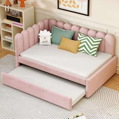 Rosebibi L-förmiges Polsterbett, 140x200cm Schlafsofa mit geblümter Rückenlehne und Ausziehbett in Samtstoff (Rosa)