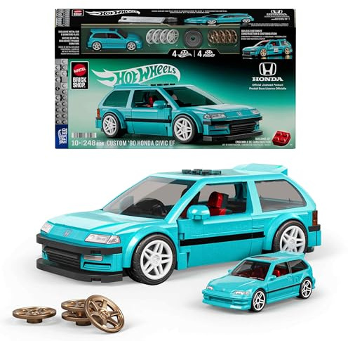 Mattel Brick Shop Hot Wheels Custom ’90 Honda Civic EF Building Toy Kit | 248 Pieces, Realistic Details, Custom Decals, 1:64 Scale Metal Car, Adult Collectors and Kids Ages 10+, JHF62