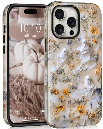 Mainrenka Süße Halloween Hülle für iPhone 15 Pro Max für Mädchen und Jungen, mit Geist Totenkopf & Blumen Handyhülle Stoßfeste Schutzhülle