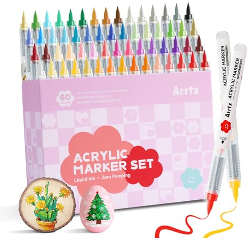 Arrtx Lot de 60 stylos de peinture acrylique pour roche, pointe pinceau feutres acryliques, marqueur acrylique, fournitures artistiques pour pierre, verre, œuf, bois, loisirs créatifs