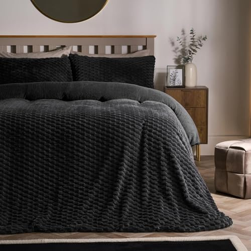 OHS Fleece Duvet Cover Superking, Autumn Winter Luxury Waffle Fleece Duvet Set Super Soft Cosy Warm Sherpa Reversible Superking Bedding Set with Matching Pillowcases, Charcoal Grey