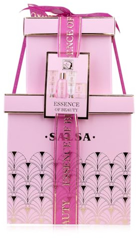 Accentra Set de ducha SALSA ESSENCE OF BEAUTY para mujeres, gel, loción corporal, exfoliante, jabón, esponja, aroma Rosa y Flor de Cerezo, caja de regalo, lujo para damas
