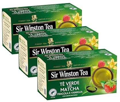 Sir Winston Tea, Tè Verde Matcha Fragola e Vaniglia, 60 Filtri (3 Confezioni da 20 Filtri), Certificato RFA, con Aromi Naturali, Senza Lattosio, Glutine e Allergeni, Vegan