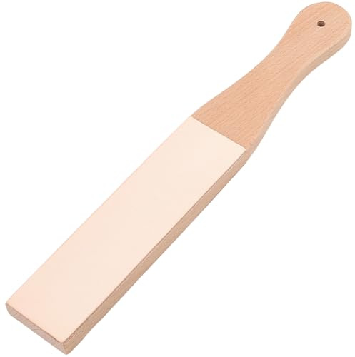 CALFOVERA 28.1 x 4.3cm Double-sided Beech Wood Leather Strop for Sharpening Small Leather Honing Strop Sharpener with Ergonomic Handle Block Polishing Woodcarving Tools for Handwork Polish