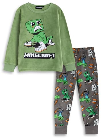 Minecraft Creeper Boys Long Sleeve Long Leg Pyjama Set | Green & Grey Cosy Fleece Sleepwear with Branding | Comfortable Nightwear for Kids Merch