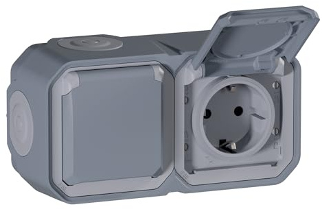 Legrand - Enchufe Doble 2P+T 16A con contacto lateral de tierra - Plexo - Estanco IP55 - Montaje en superficie - Gris - 069742LE
