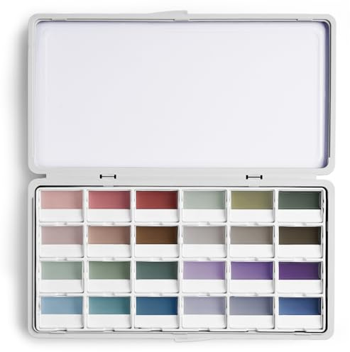 Set di Acquerelli Opaque - 24 Colori a Bassa Saturazione, Pigmenti Semi-Umidi con Tavolozza | Elevato Potere Coprente e Colori Opachi | Acquerello Professionale, idea per Artisti e Hobbisti | Tonalità grigio tenue, alta copertura, finitura opaca, consistenza cremosa, acquerelli semi-solidi per artisti e pittori