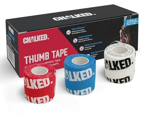 Chalked Premium Thumb Tape – Extra Sticky, No Residue | 5cm x 4.5m 3 Pack Red White Blue for Weightlifting & Crossfit